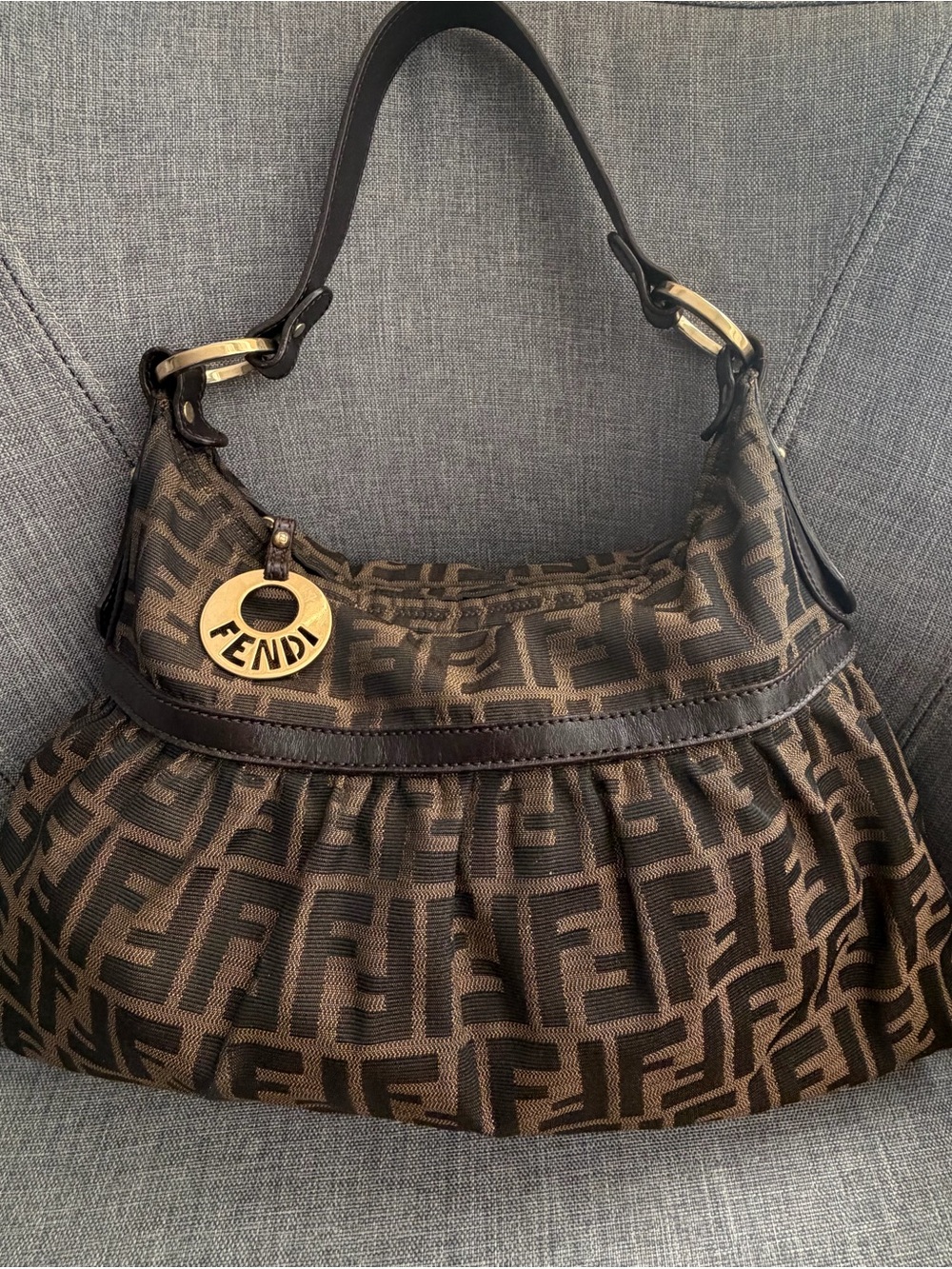 Fendi chef zucca Canvas Shoulder Bag with Gold Charm